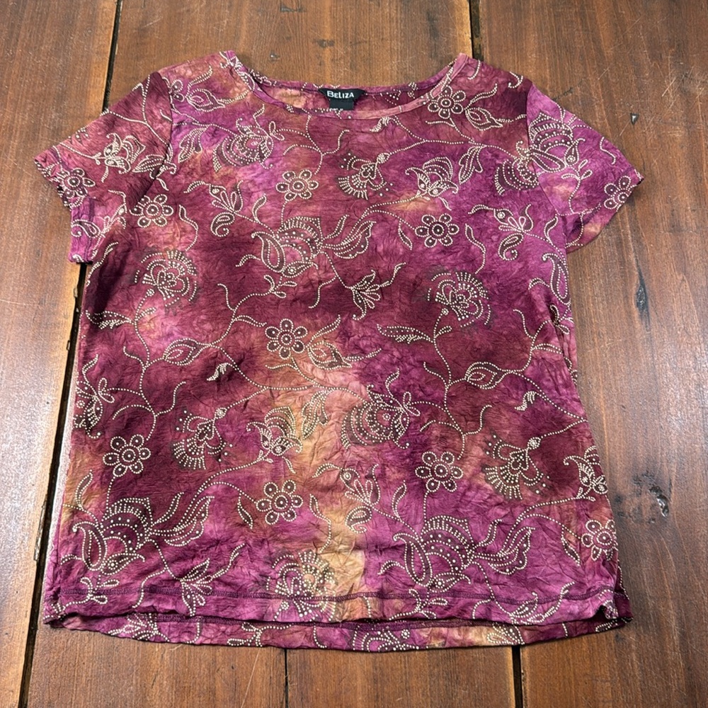 Beliza Women's Size XL Sheer Top Burgundy Gold Polyester Boho Indian-Inspired‎